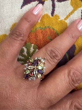 Multi Gemstone 925 Cocktail Ring - Gold Tone